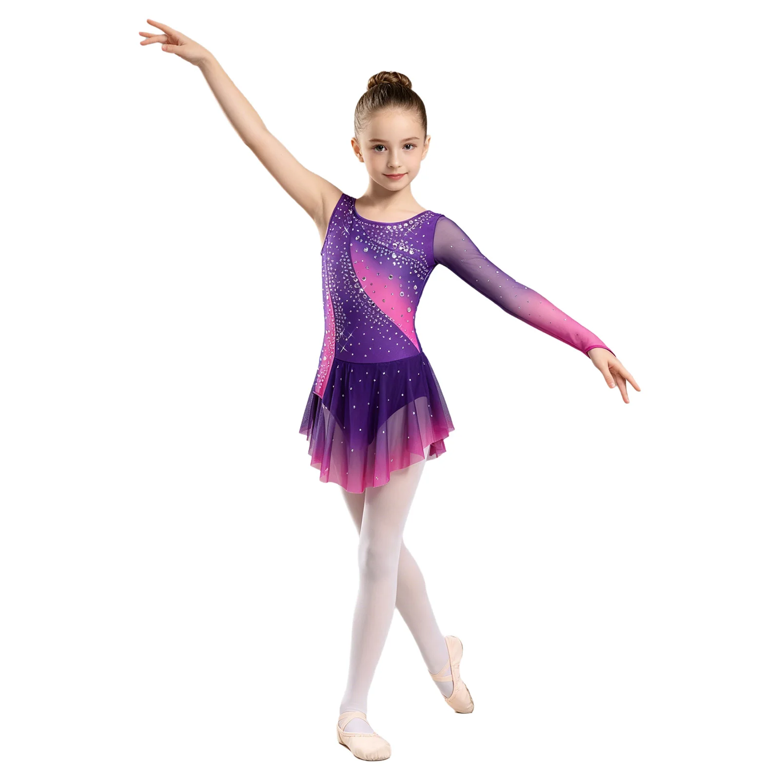 Kids Girls Figure Skating Rhythmic Gymnastics Costume Lyrical Dance Dress Shiny Rhinestone Sheer Mesh Split Dress Ballet Leotard