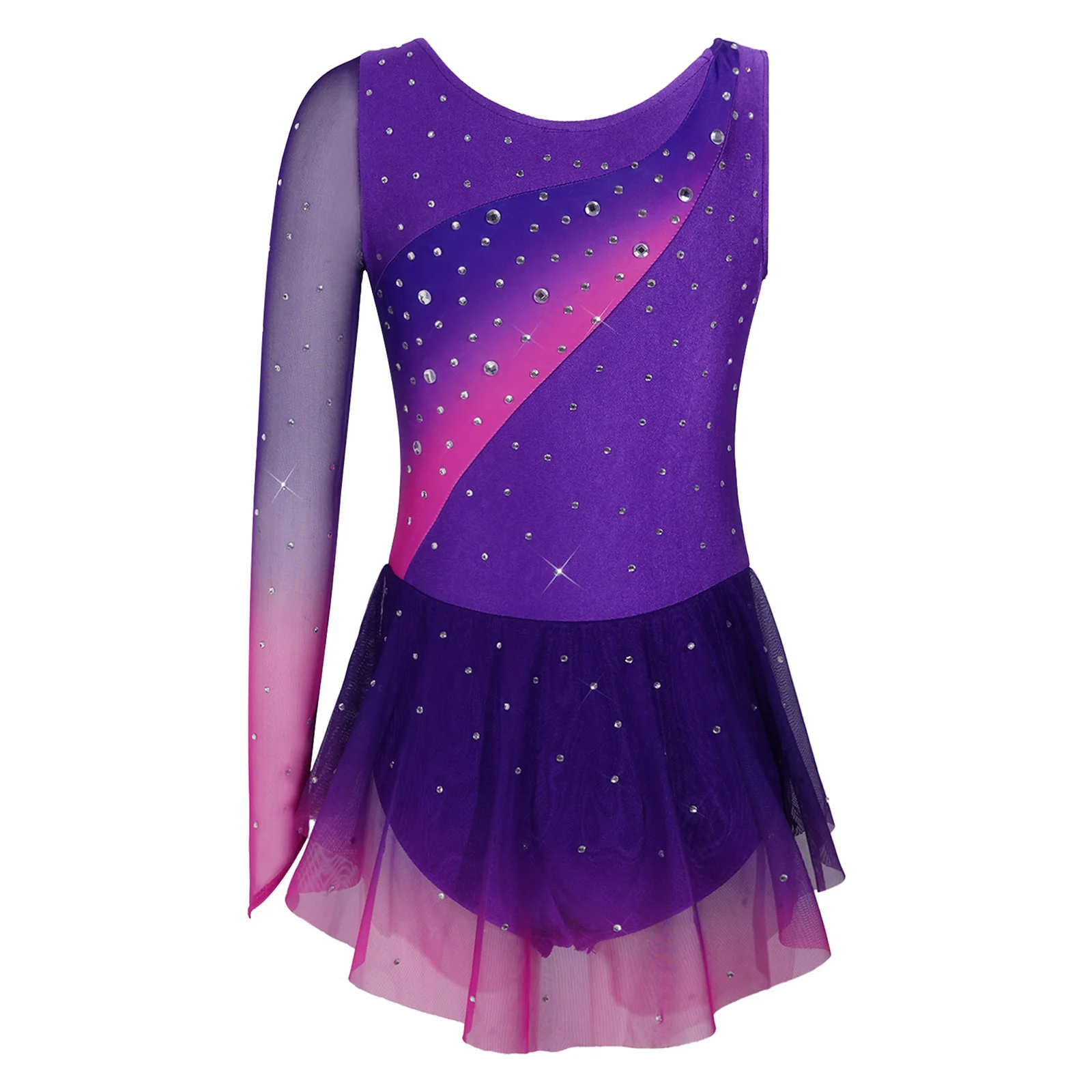 Kids Girls Figure Skating Rhythmic Gymnastics Costume Lyrical Dance Dress Shiny Rhinestone Sheer Mesh Split Dress Ballet Leotard