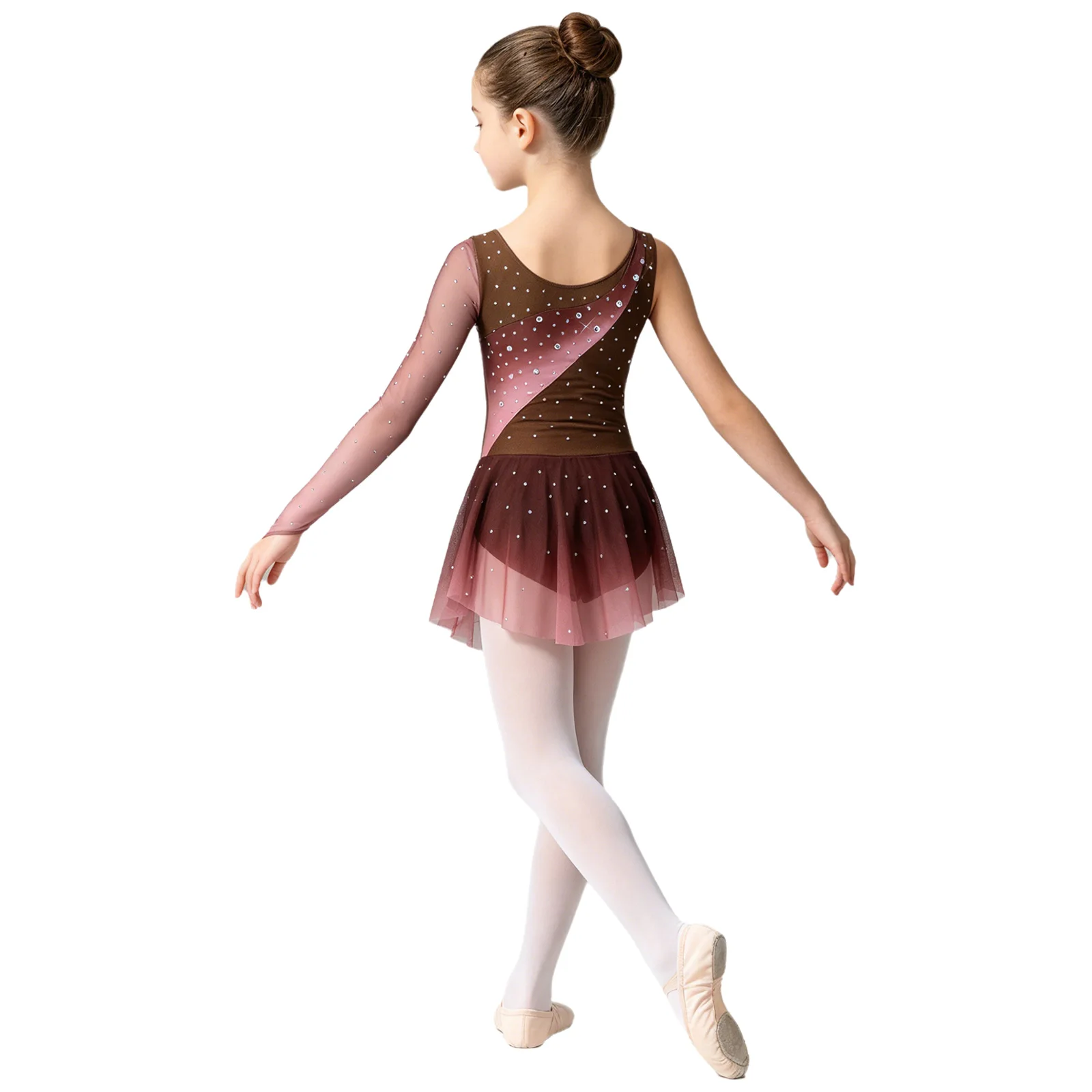 Kids Girls Figure Skating Rhythmic Gymnastics Costume Lyrical Dance Dress Shiny Rhinestone Sheer Mesh Split Dress Ballet Leotard
