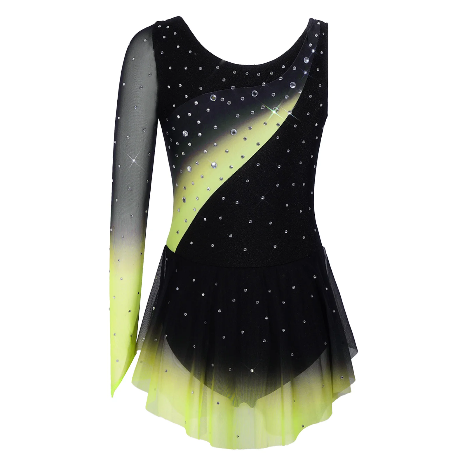 Kids Girls Figure Skating Rhythmic Gymnastics Costume Lyrical Dance Dress Shiny Rhinestone Sheer Mesh Split Dress Ballet Leotard