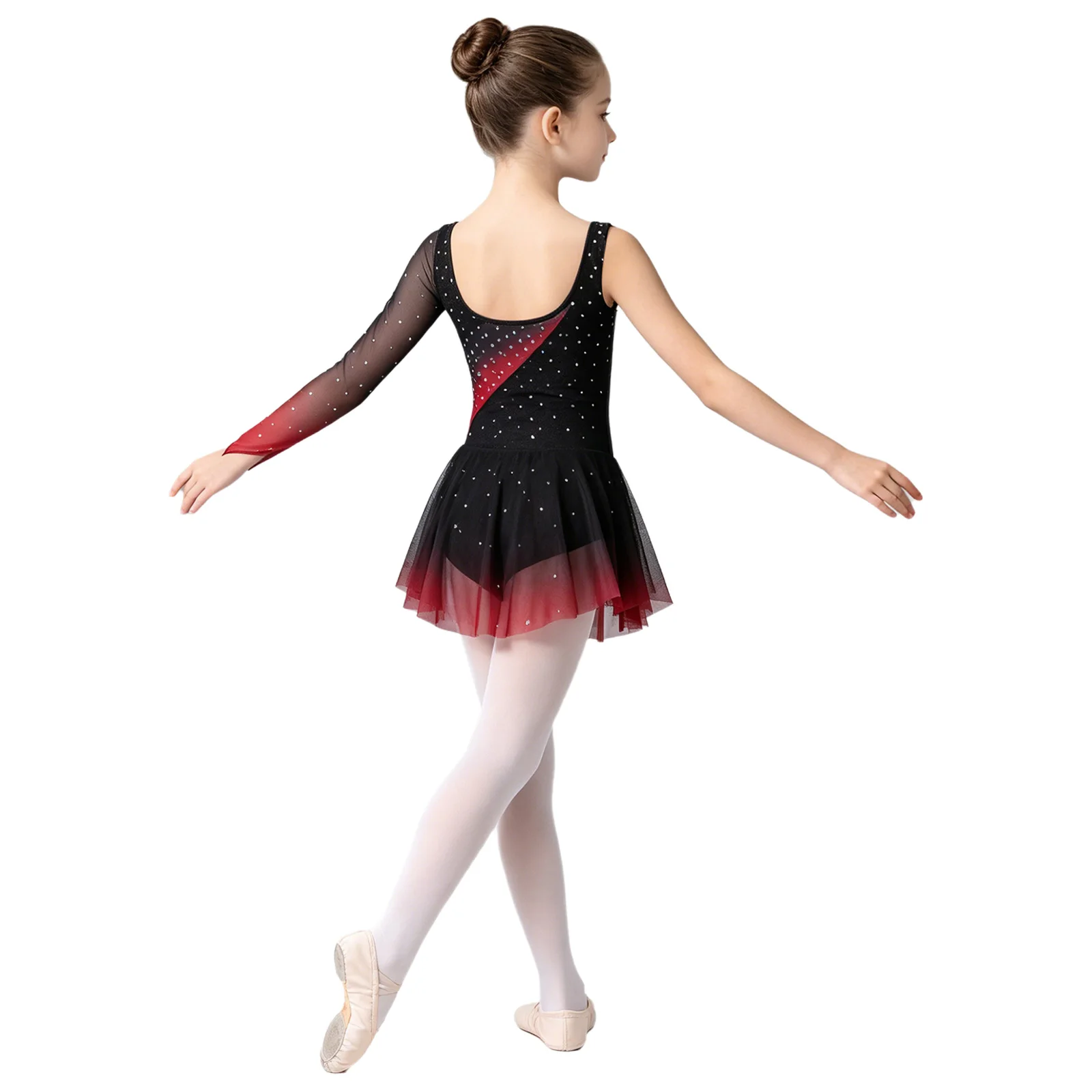 Kids Girls Figure Skating Rhythmic Gymnastics Costume Lyrical Dance Dress Shiny Rhinestone Sheer Mesh Split Dress Ballet Leotard