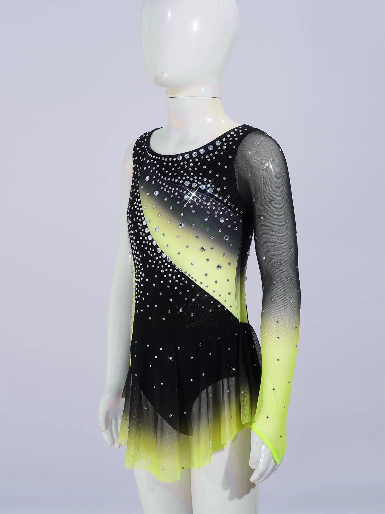 Kids Girls Figure Skating Rhythmic Gymnastics Costume Lyrical Dance Dress Shiny Rhinestone Sheer Mesh Split Dress Ballet Leotard