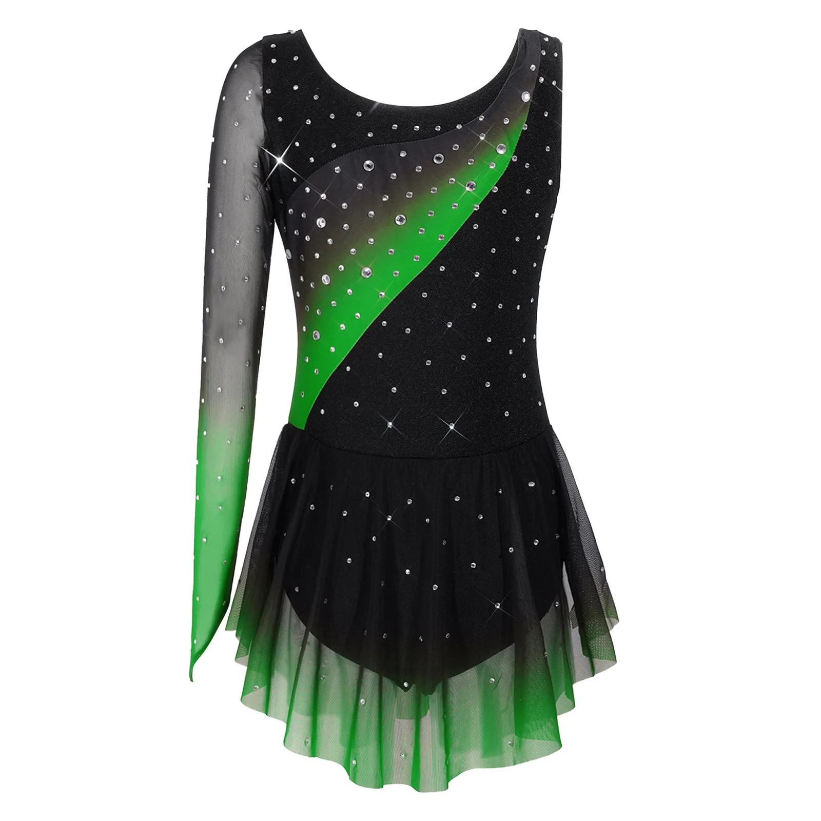 Kids Girls Figure Skating Rhythmic Gymnastics Costume Lyrical Dance Dress Shiny Rhinestone Sheer Mesh Split Dress Ballet Leotard