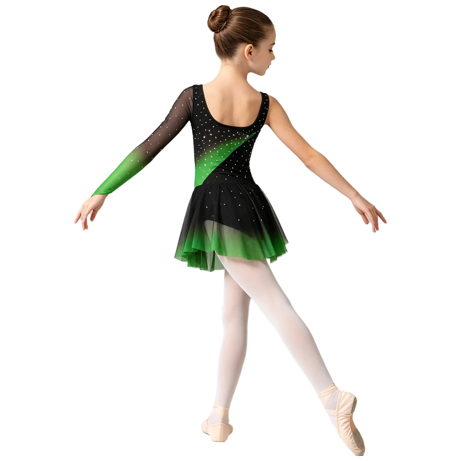 Kids Girls Figure Skating Rhythmic Gymnastics Costume Lyrical Dance Dress Shiny Rhinestone Sheer Mesh Split Dress Ballet Leotard