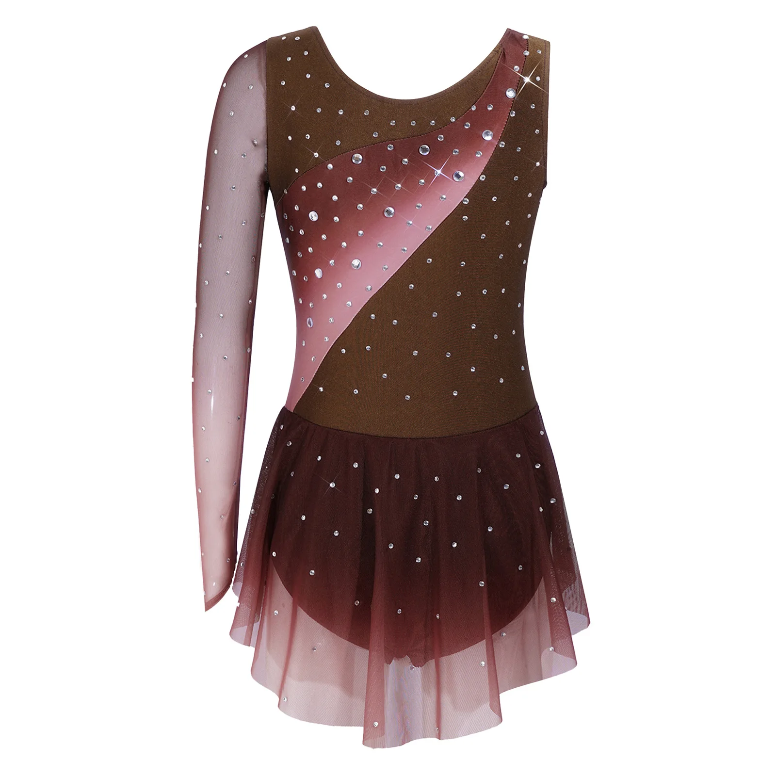 Kids Girls Figure Skating Rhythmic Gymnastics Costume Lyrical Dance Dress Shiny Rhinestone Sheer Mesh Split Dress Ballet Leotard