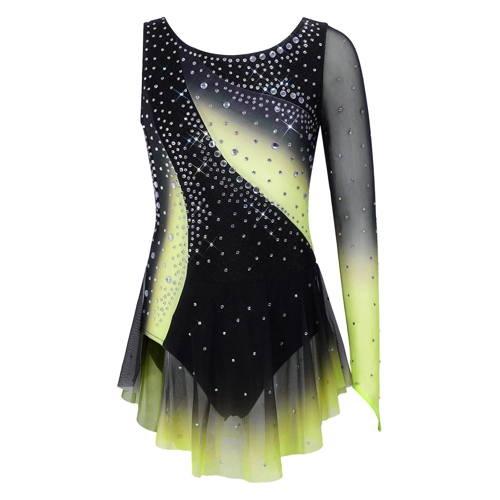 Kids Girls Figure Skating Rhythmic Gymnastics Costume Lyrical Dance Dress Shiny Rhinestone Sheer Mesh Split Dress Ballet Leotard
