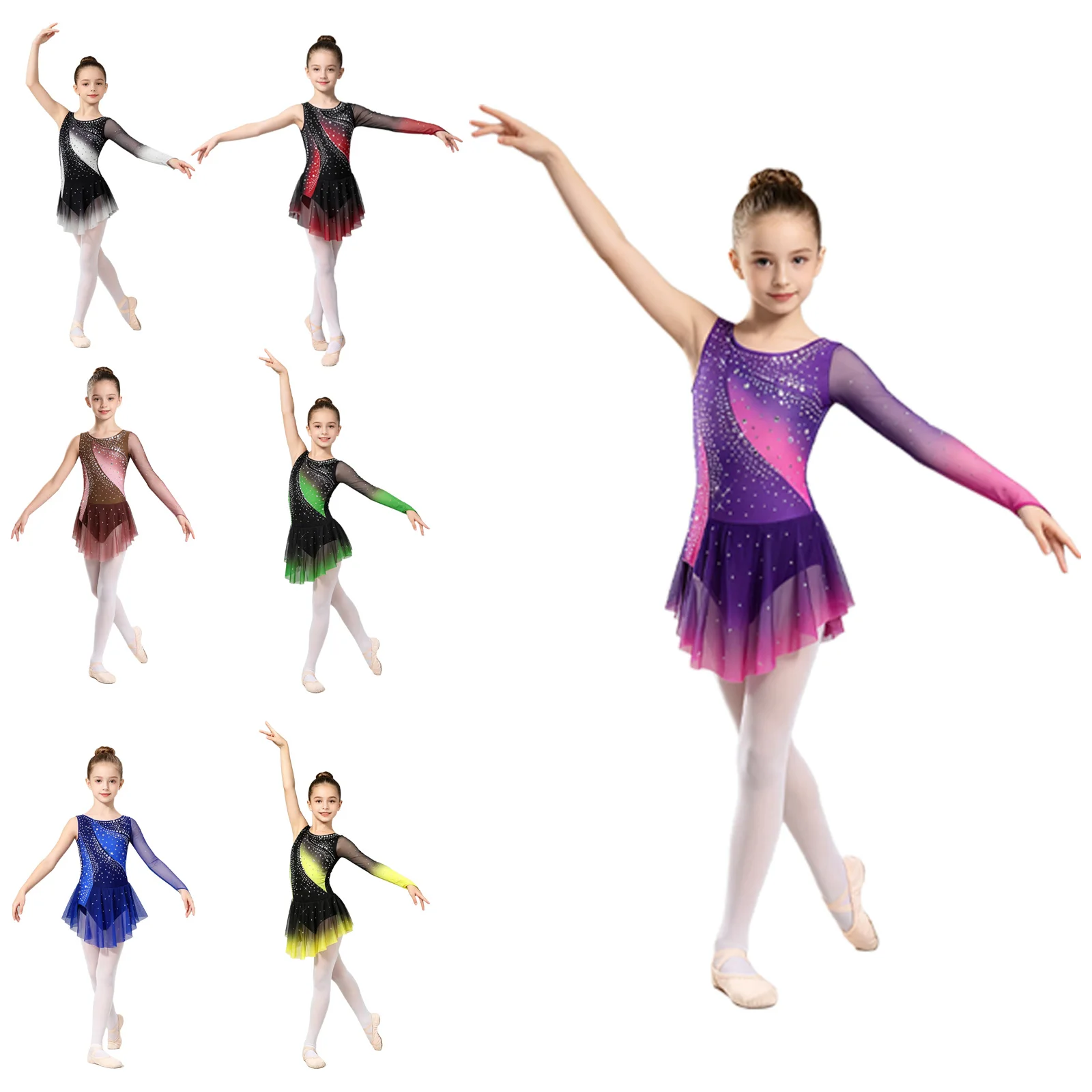 Kids Girls Figure Skating Rhythmic Gymnastics Costume Lyrical Dance Dress Shiny Rhinestone Sheer Mesh Split Dress Ballet Leotard