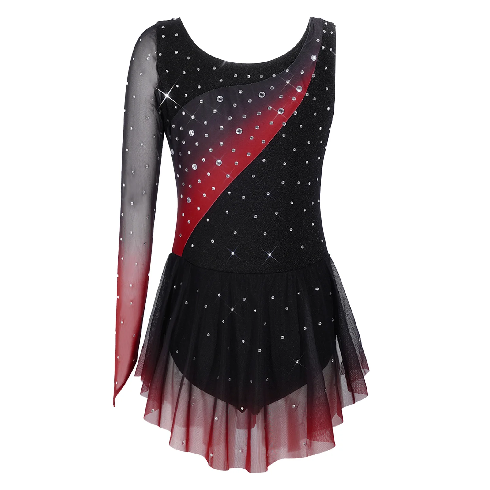 Kids Girls Figure Skating Rhythmic Gymnastics Costume Lyrical Dance Dress Shiny Rhinestone Sheer Mesh Split Dress Ballet Leotard