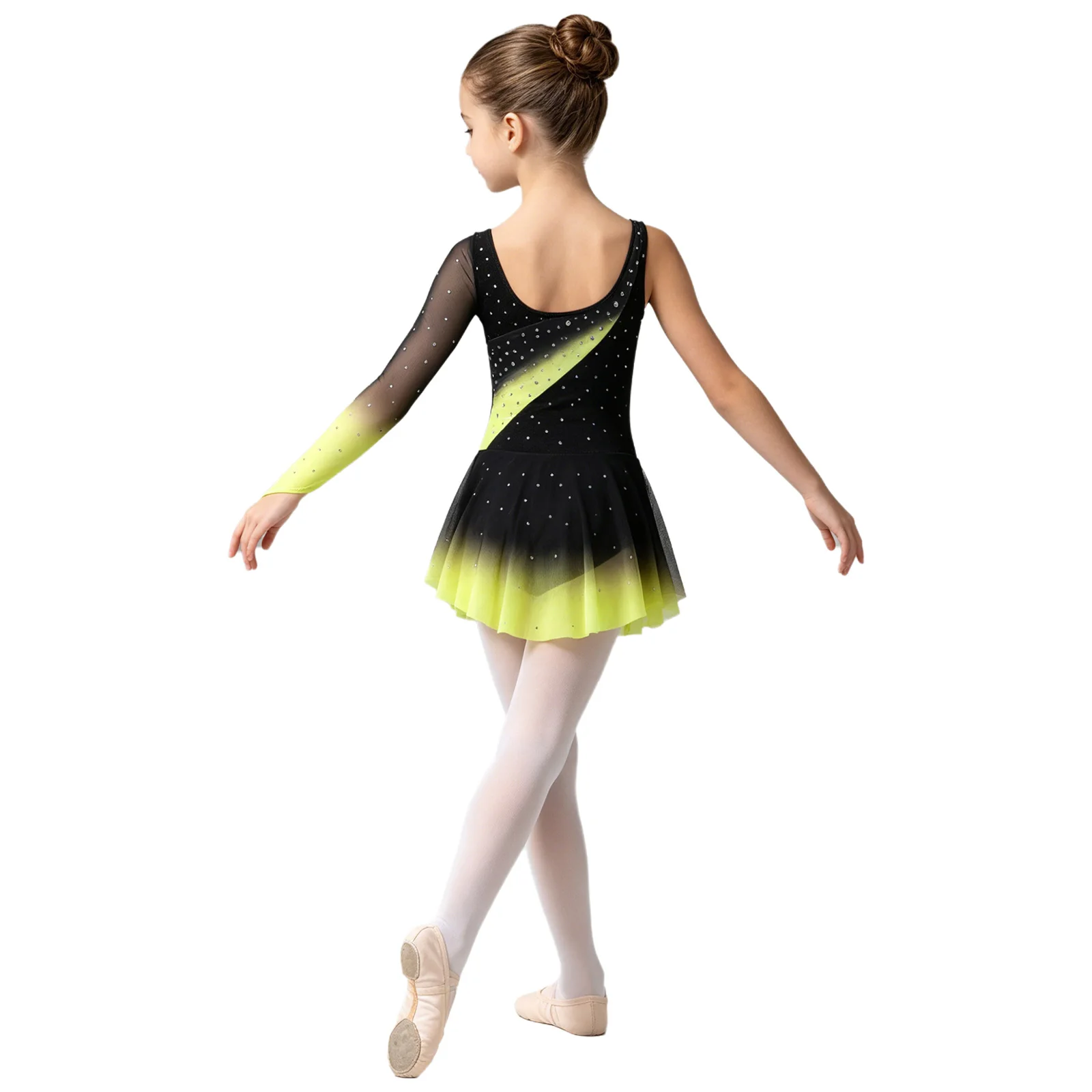Kids Girls Figure Skating Rhythmic Gymnastics Costume Lyrical Dance Dress Shiny Rhinestone Sheer Mesh Split Dress Ballet Leotard