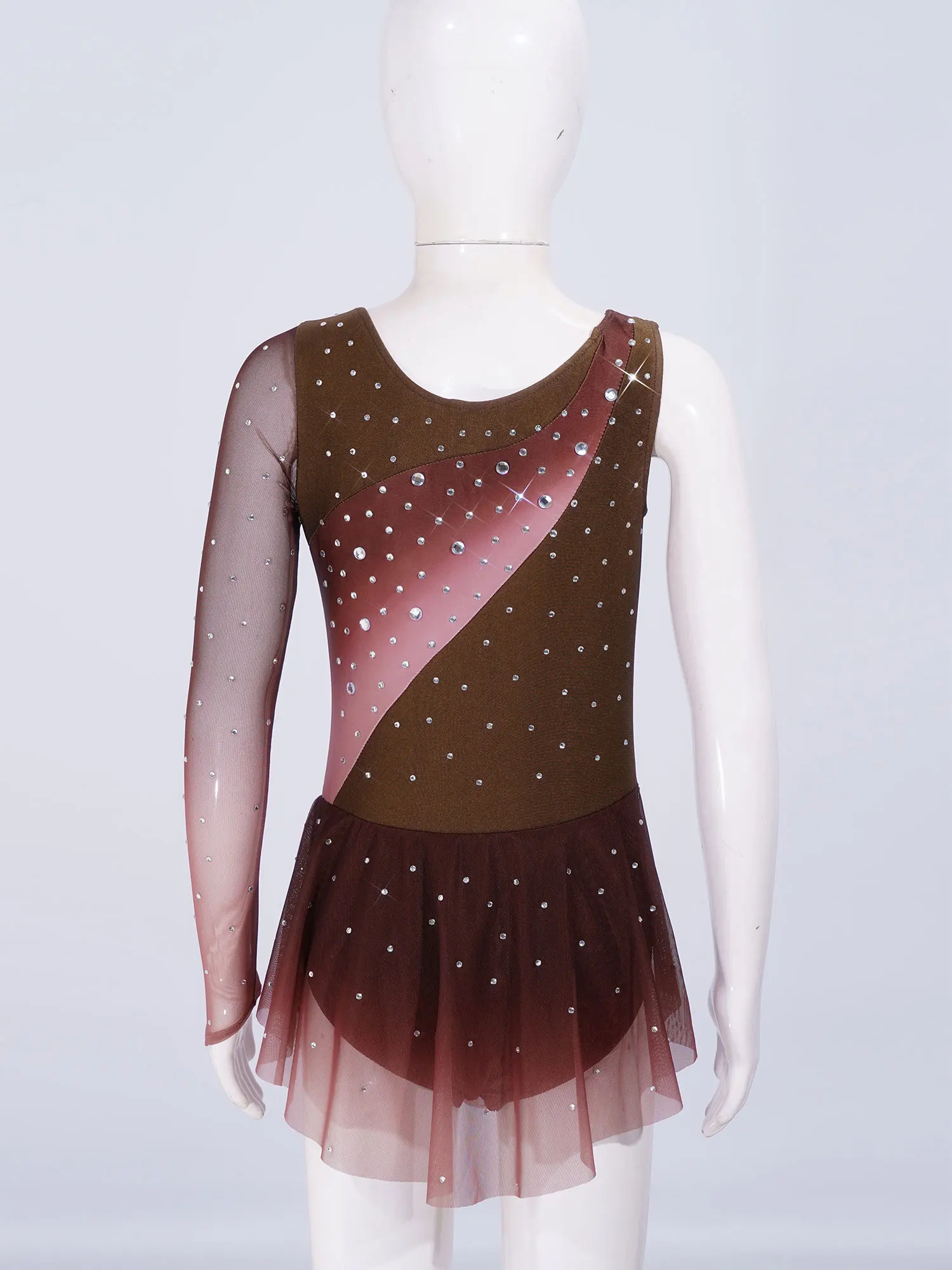 Kids Girls Figure Skating Rhythmic Gymnastics Costume Lyrical Dance Dress Shiny Rhinestone Sheer Mesh Split Dress Ballet Leotard