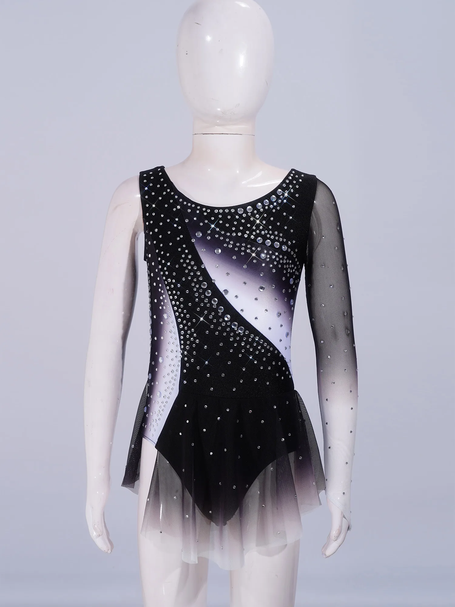 Kids Girls Figure Skating Rhythmic Gymnastics Costume Lyrical Dance Dress Shiny Rhinestone Sheer Mesh Split Dress Ballet Leotard