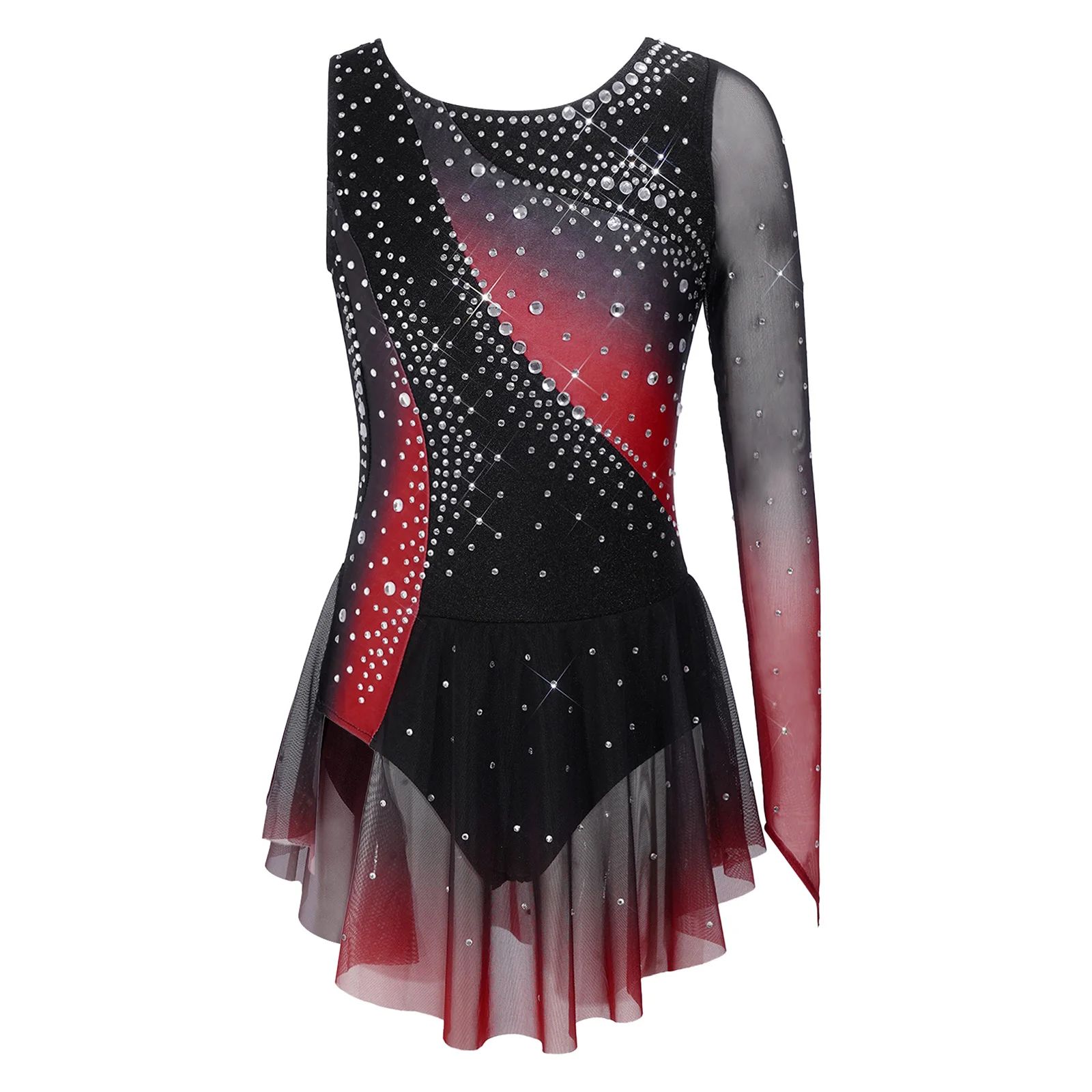 Kids Girls Figure Skating Rhythmic Gymnastics Costume Lyrical Dance Dress Shiny Rhinestone Sheer Mesh Split Dress Ballet Leotard