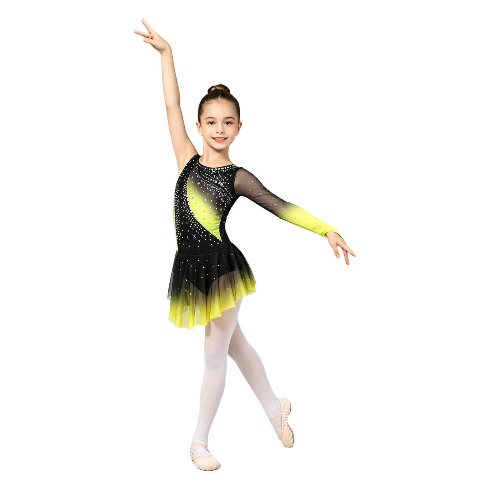 Kids Girls Figure Skating Rhythmic Gymnastics Costume Lyrical Dance Dress Shiny Rhinestone Sheer Mesh Split Dress Ballet Leotard