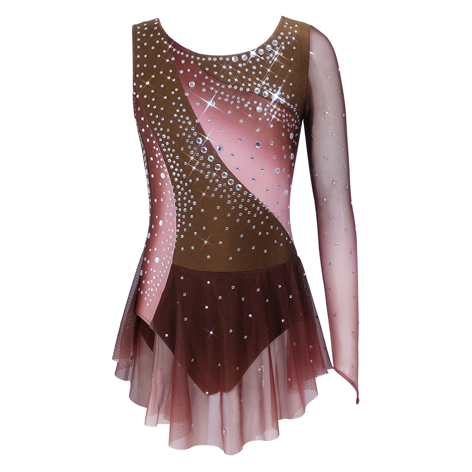 Kids Girls Figure Skating Rhythmic Gymnastics Costume Lyrical Dance Dress Shiny Rhinestone Sheer Mesh Split Dress Ballet Leotard