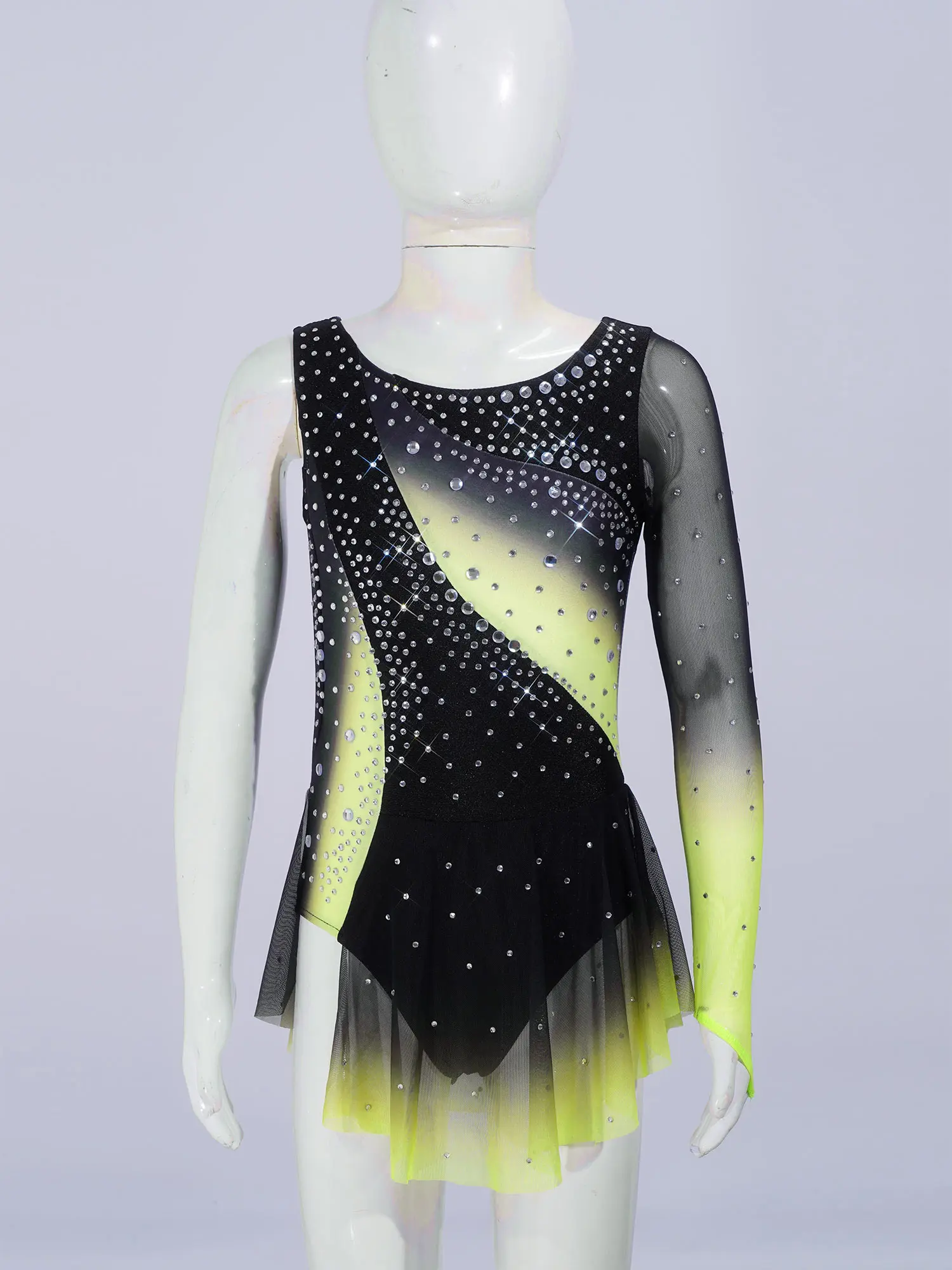 Kids Girls Figure Skating Rhythmic Gymnastics Costume Lyrical Dance Dress Shiny Rhinestone Sheer Mesh Split Dress Ballet Leotard