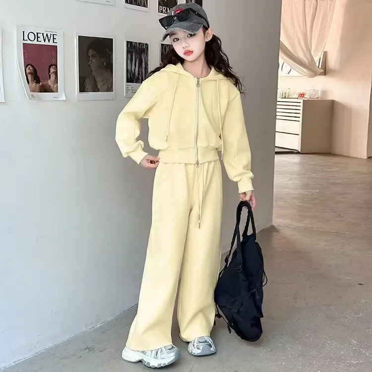 ZOETOPKID 2026 Autumn Winter Girls Clothes Set Children Suit Teenager Tracksuit Jacket Hooded Crop Top + Wide Leg Pants