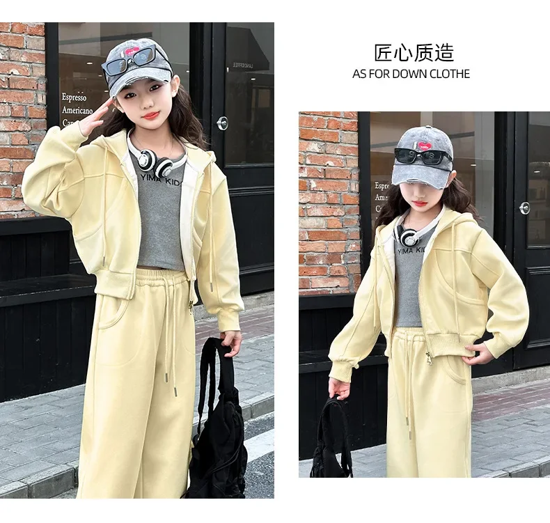 ZOETOPKID 2026 Autumn Winter Girls Clothes Set Children Suit Teenager Tracksuit Jacket Hooded Crop Top + Wide Leg Pants