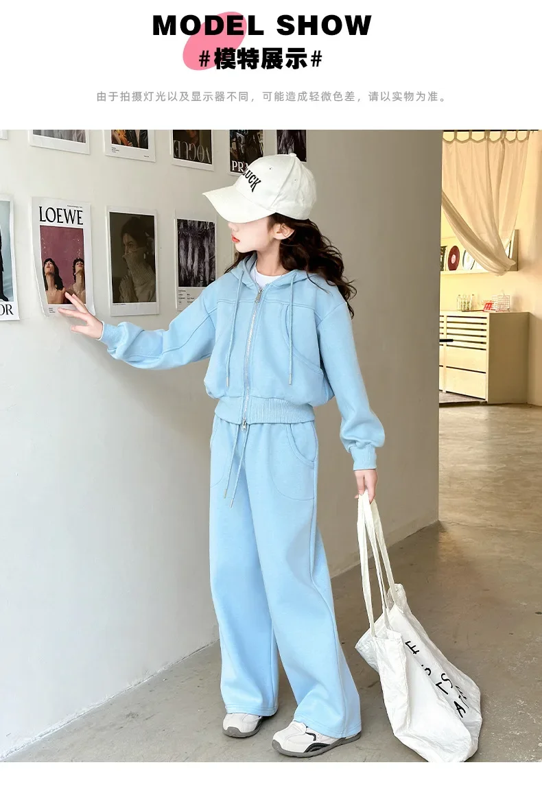 ZOETOPKID 2026 Autumn Winter Girls Clothes Set Children Suit Teenager Tracksuit Jacket Hooded Crop Top + Wide Leg Pants
