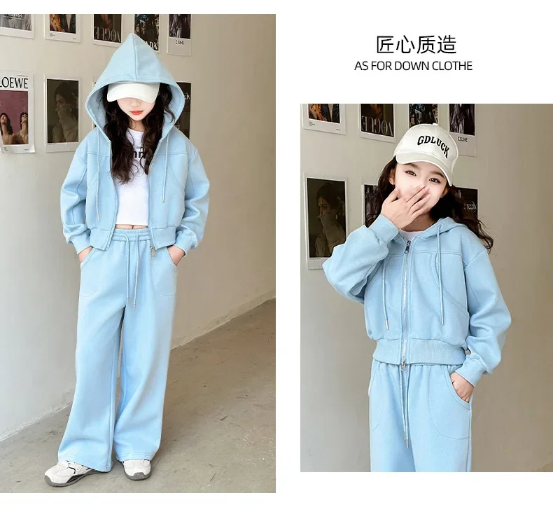 ZOETOPKID 2026 Autumn Winter Girls Clothes Set Children Suit Teenager Tracksuit Jacket Hooded Crop Top + Wide Leg Pants