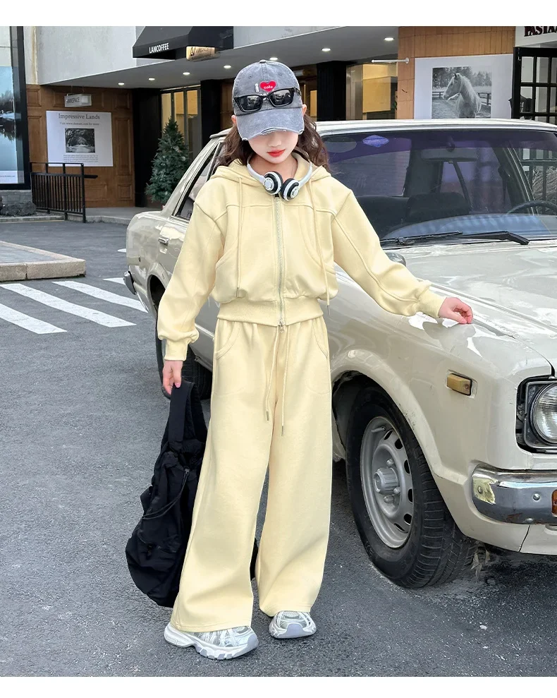 ZOETOPKID 2026 Autumn Winter Girls Clothes Set Children Suit Teenager Tracksuit Jacket Hooded Crop Top + Wide Leg Pants