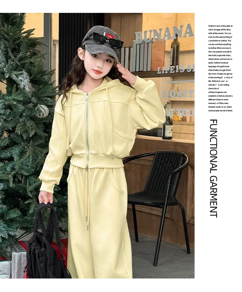 ZOETOPKID 2026 Autumn Winter Girls Clothes Set Children Suit Teenager Tracksuit Jacket Hooded Crop Top + Wide Leg Pants