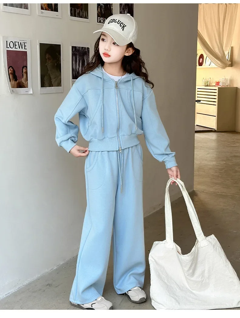 ZOETOPKID 2026 Autumn Winter Girls Clothes Set Children Suit Teenager Tracksuit Jacket Hooded Crop Top + Wide Leg Pants