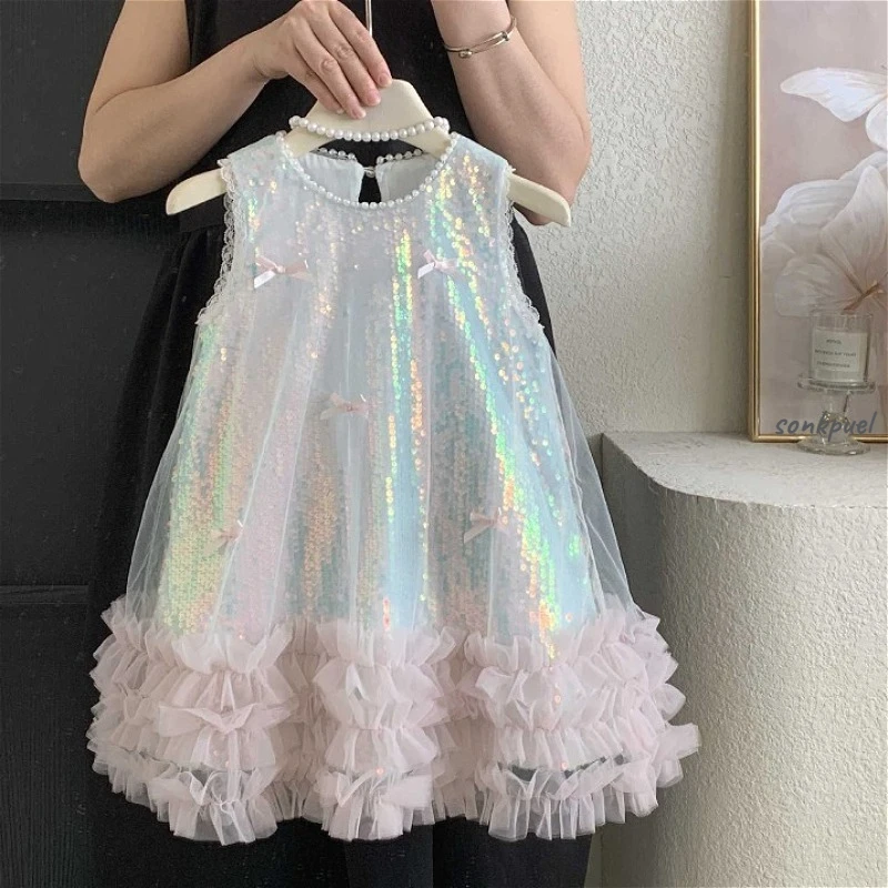 Girls Dress Cotton Summer New Childrens Clothing Korean Style Girls Baby Bow Glittering Princess Skirt Casual Simple Daily Party