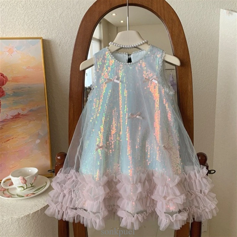 Girls Dress Cotton Summer New Childrens Clothing Korean Style Girls Baby Bow Glittering Princess Skirt Casual Simple Daily Party