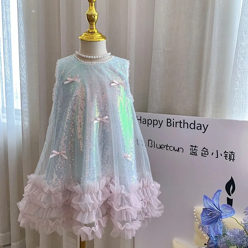 Girls Dress Cotton Summer New Childrens Clothing Korean Style Girls Baby Bow Glittering Princess Skirt Casual Simple Daily Party