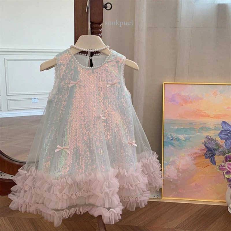 Girls Dress Cotton Summer New Childrens Clothing Korean Style Girls Baby Bow Glittering Princess Skirt Casual Simple Daily Party