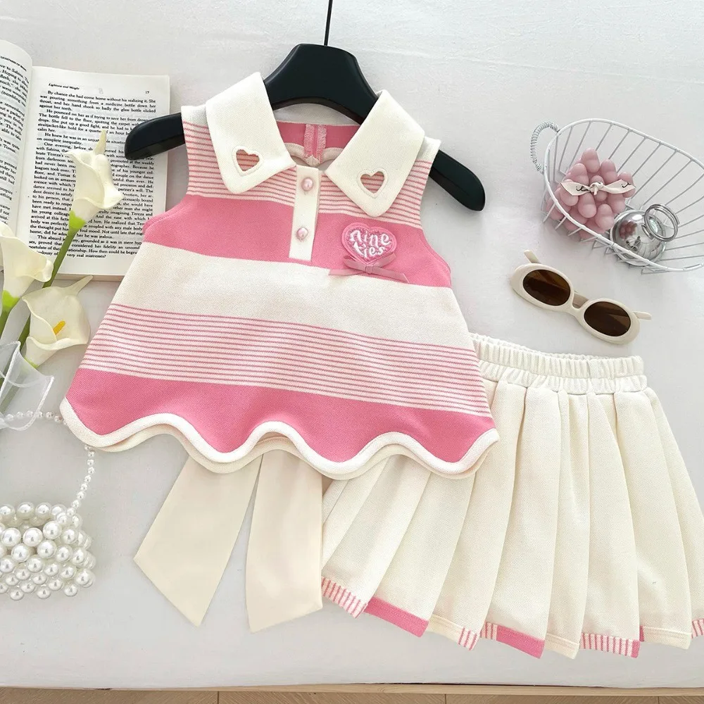 Korean Version Summer New Sweet and Cute Pink Love Collar Striped Bow Top+pleated Skirt Two-piece Set for Girls Aged 2-9