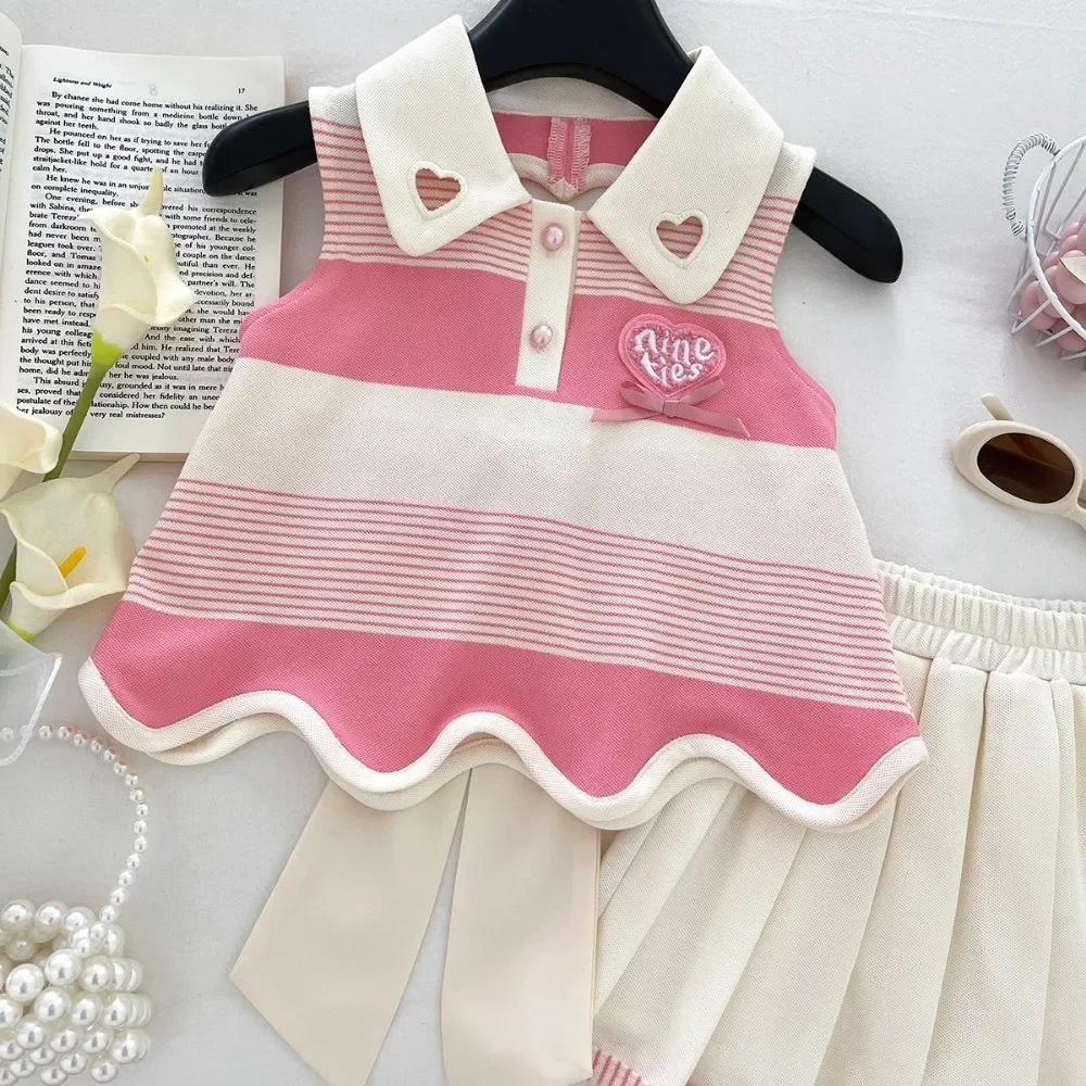 Korean Version Summer New Sweet and Cute Pink Love Collar Striped Bow Top+pleated Skirt Two-piece Set for Girls Aged 2-9
