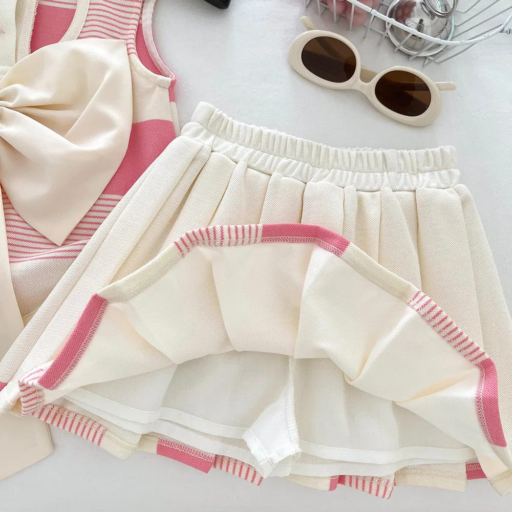 Korean Version Summer New Sweet and Cute Pink Love Collar Striped Bow Top+pleated Skirt Two-piece Set for Girls Aged 2-9