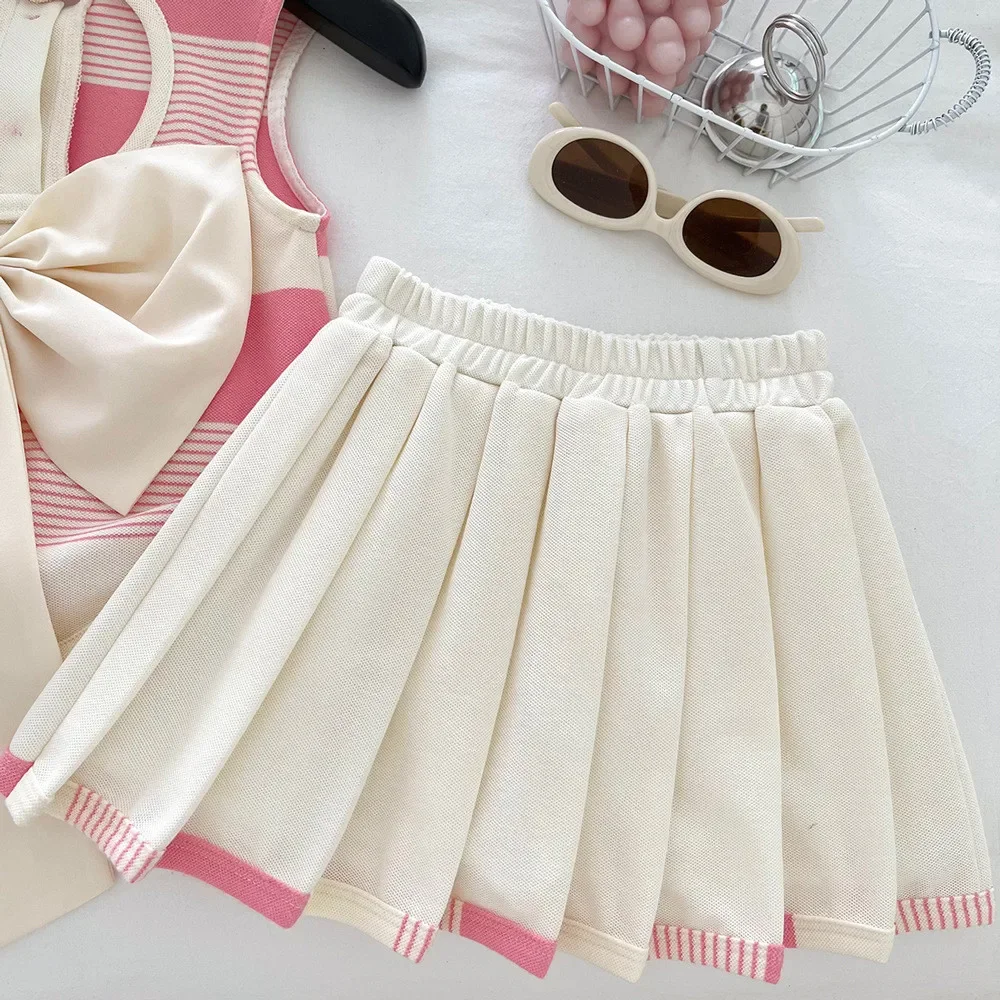 Korean Version Summer New Sweet and Cute Pink Love Collar Striped Bow Top+pleated Skirt Two-piece Set for Girls Aged 2-9
