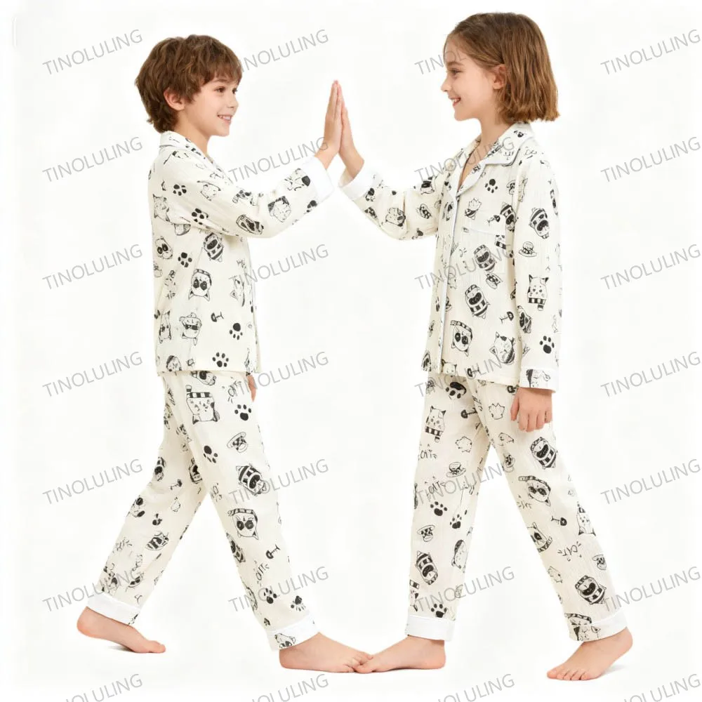 Cotton Pajamas for Boys Girls Cute Panda White Sleepwear Children Home Wear Set Kids Pajamas Teenage Casual Loungewear Outfit