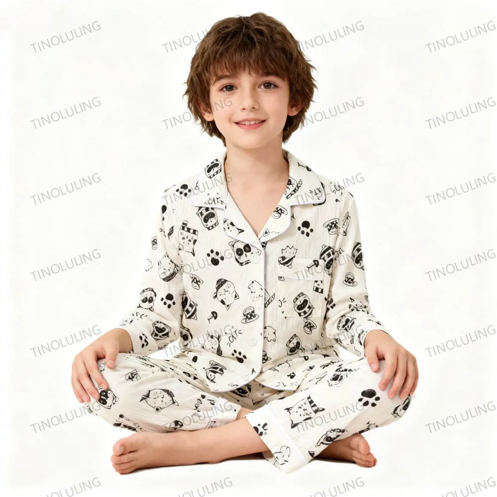 Cotton Pajamas for Boys Girls Cute Panda White Sleepwear Children Home Wear Set Kids Pajamas Teenage Casual Loungewear Outfit