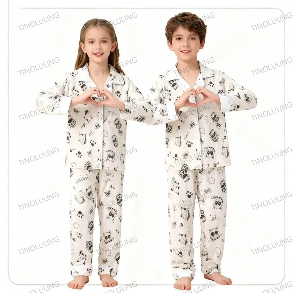 Cotton Pajamas for Boys Girls Cute Panda White Sleepwear Children Home Wear Set Kids Pajamas Teenage Casual Loungewear Outfit