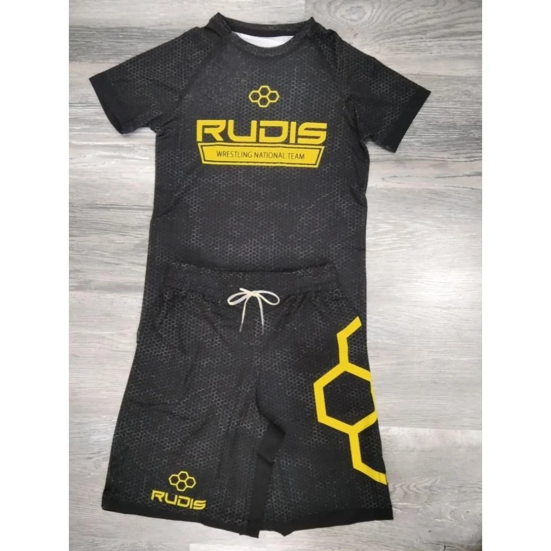 Summer Men's/Kids Honeycomb Print Wrestling Style Sport Set Quick Dry Rash Guard & Shorts Breathable Athletic Training Uniform