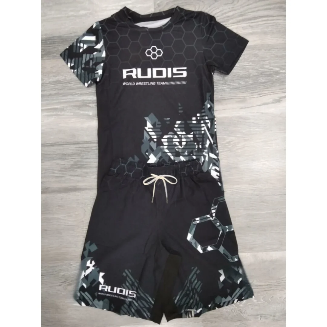 Summer Men's/Kids Honeycomb Print Wrestling Style Sport Set Quick Dry Rash Guard & Shorts Breathable Athletic Training Uniform
