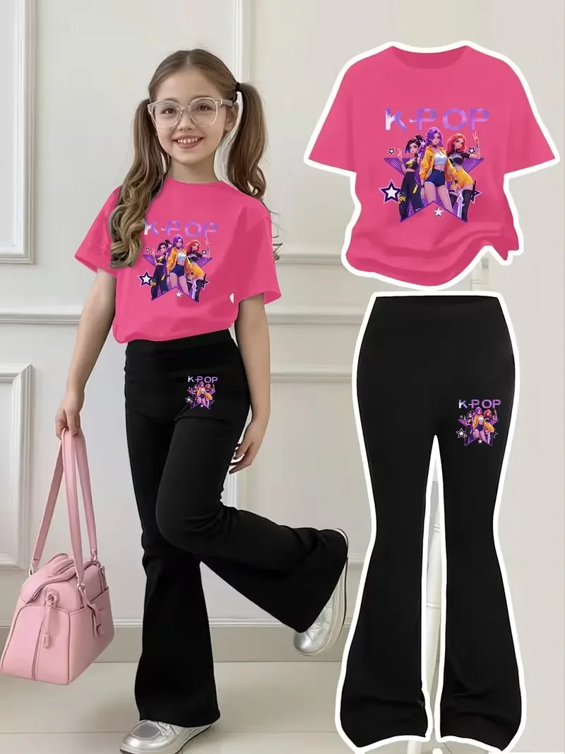 Girls 2 Piece K-POP Graphic Outfit Short Sleeve T-shirt & Flare Leg Pants Kids Casual Streetwear Set