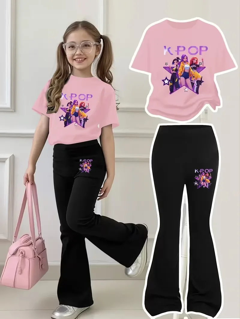 Girls 2 Piece K-POP Graphic Outfit Short Sleeve T-shirt & Flare Leg Pants Kids Casual Streetwear Set
