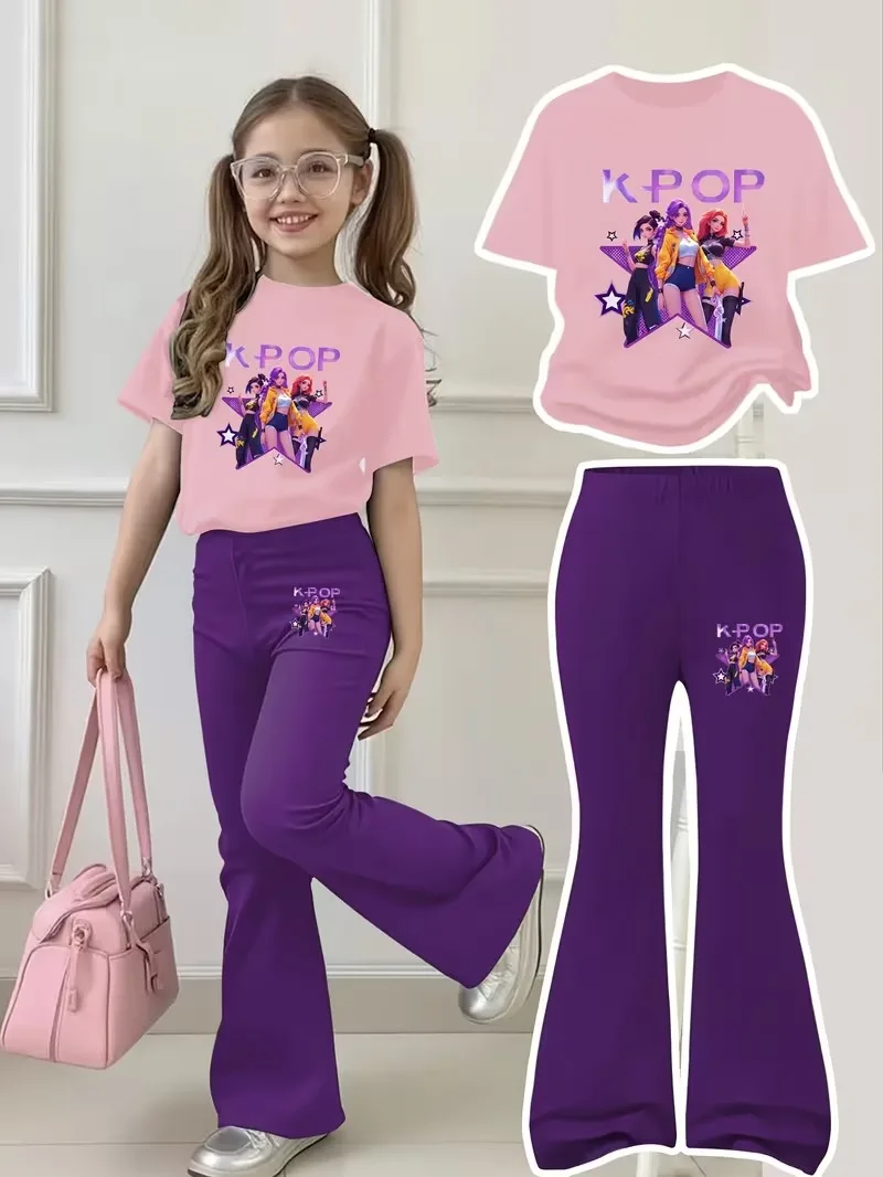 Girls 2 Piece K-POP Graphic Outfit Short Sleeve T-shirt & Flare Leg Pants Kids Casual Streetwear Set