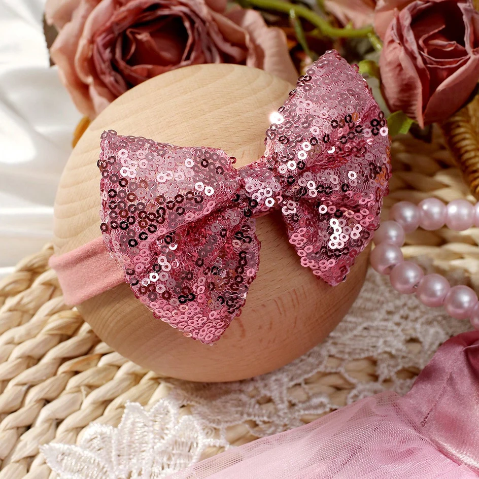 Ylsteed Newborn Photography Outfits Girl Big Bow Lace Dress with Glitter Bow Headband 100 Days Baby Girl Photoshoot Picture Gown