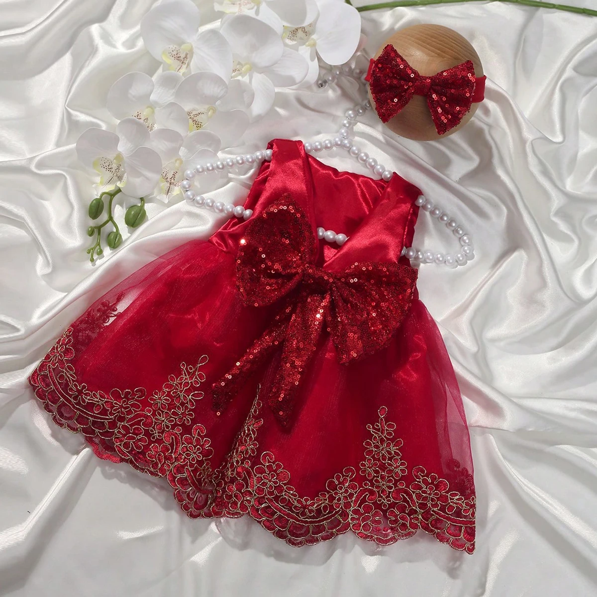 Ylsteed Newborn Photography Outfits Girl Big Bow Lace Dress with Glitter Bow Headband 100 Days Baby Girl Photoshoot Picture Gown