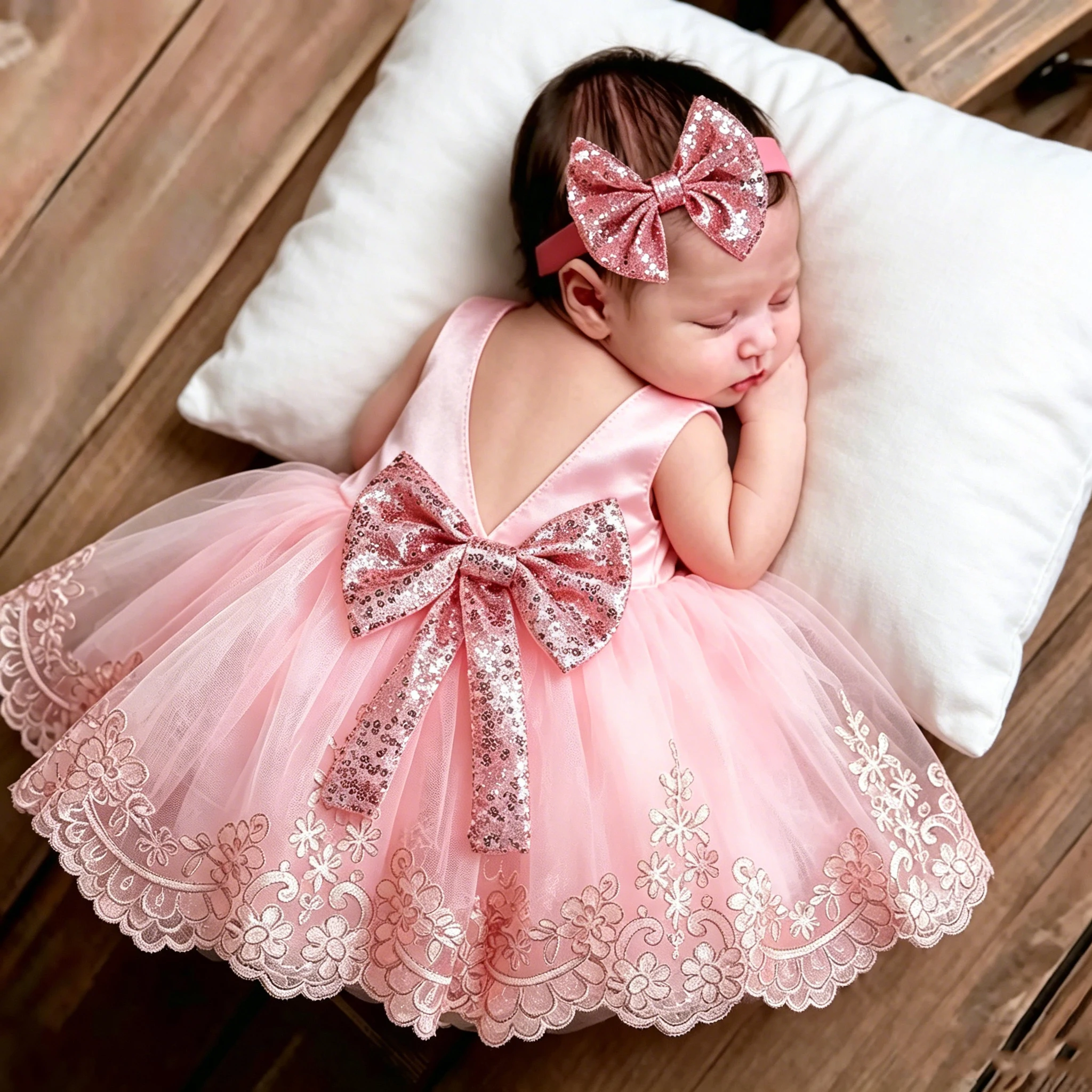 Ylsteed Newborn Photography Outfits Girl Big Bow Lace Dress with Glitter Bow Headband 100 Days Baby Girl Photoshoot Picture Gown