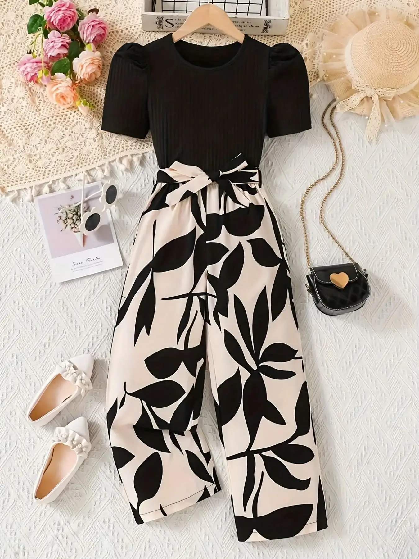 Girls Solid Color Bow Waist Tied Top And Wide Leg Pants Set Summer Vacation Outdoor Wear Comfortable Loose Fit Outfit for Kids