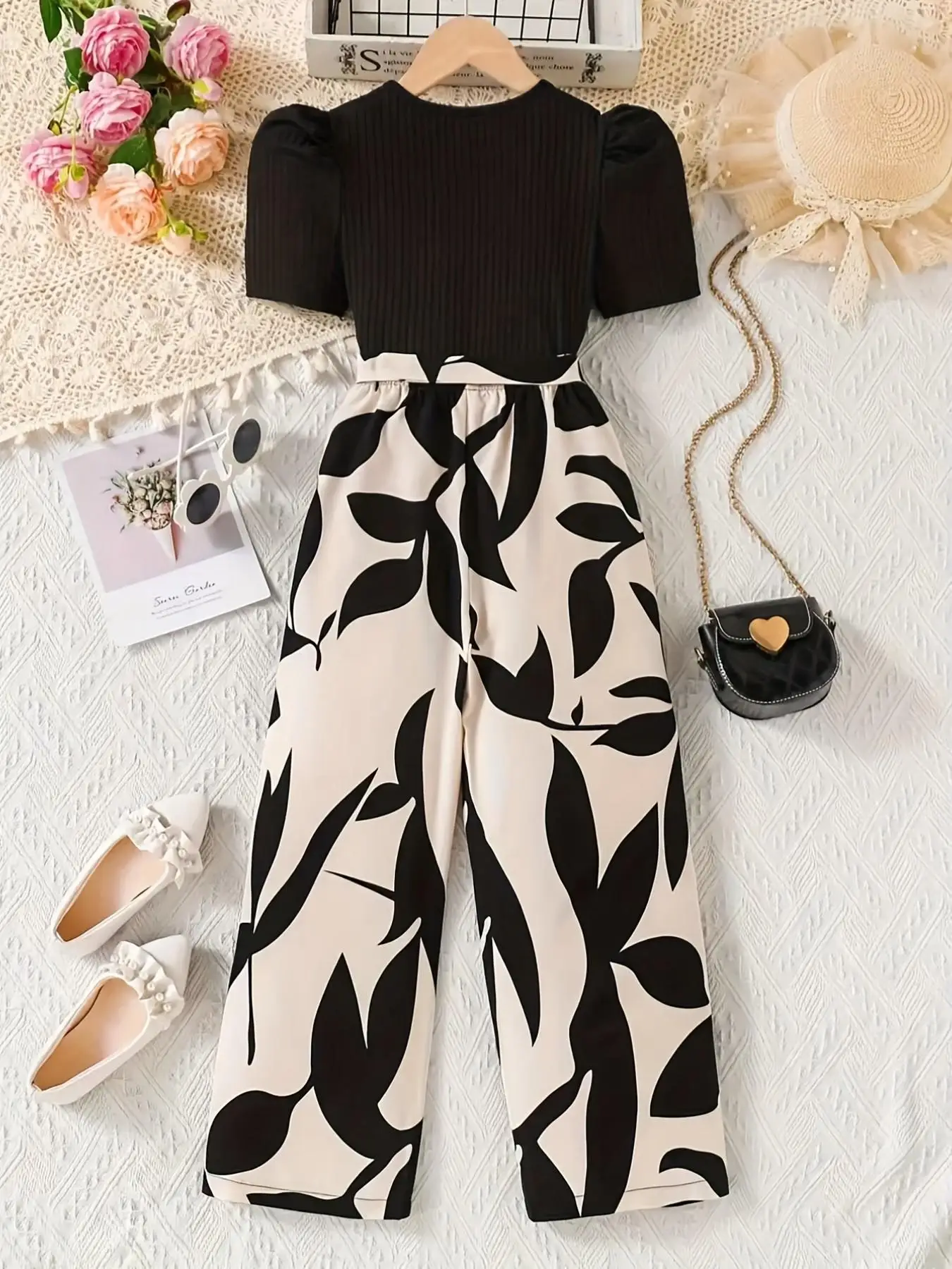 Girls Solid Color Bow Waist Tied Top And Wide Leg Pants Set Summer Vacation Outdoor Wear Comfortable Loose Fit Outfit for Kids
