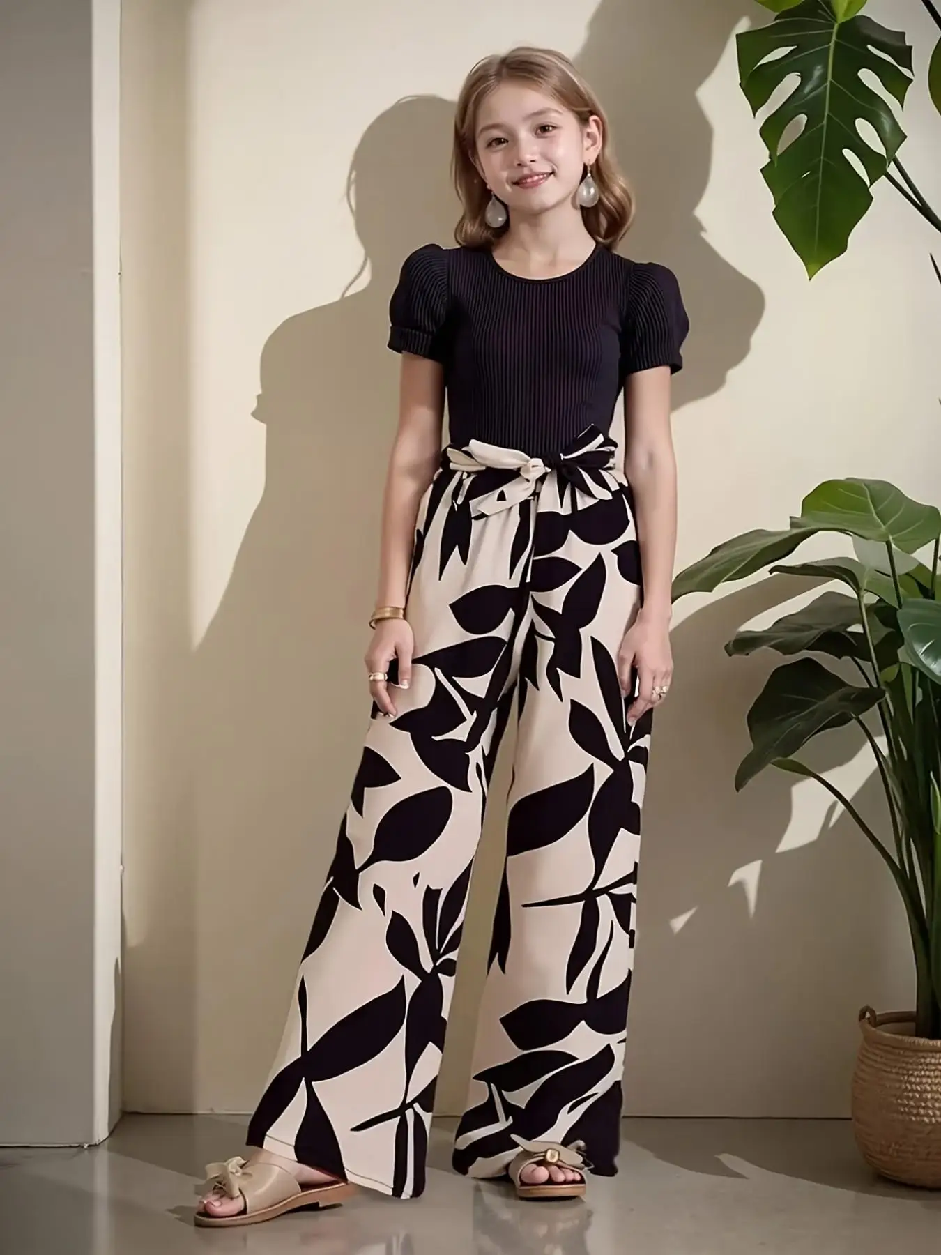 Girls Solid Color Bow Waist Tied Top And Wide Leg Pants Set Summer Vacation Outdoor Wear Comfortable Loose Fit Outfit for Kids