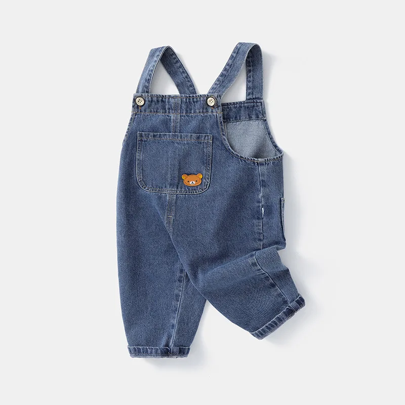 2026 New Korean Version Soft Washed Denim Children's Baby Jumpsuit Boys and Girls Front Pocket Solid Color Integrated Pants 0-5Y