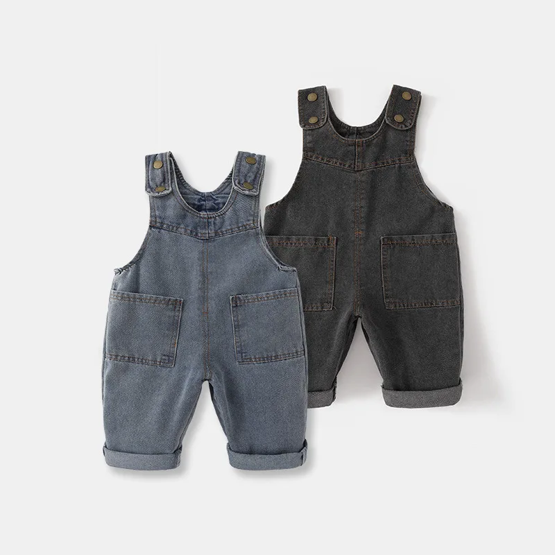 2026 New Korean Version Soft Washed Denim Children's Baby Jumpsuit Boys and Girls Front Pocket Solid Color Integrated Pants 0-5Y